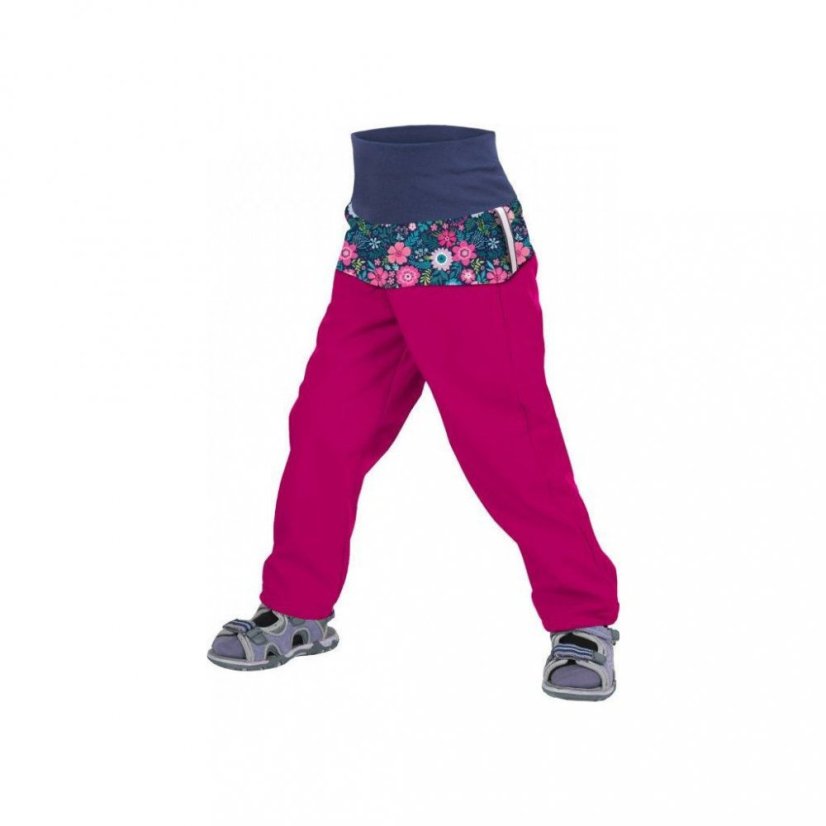 Batolecí softshellové kalhoty bez zateplení Malinová květinky Unuo - Velikost: 98/104 SLIM